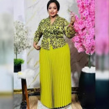 Fashion shiny flower lace-up top and high waist long pleated skirt set