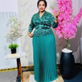 Fashion shiny flower lace-up top and high waist long pleated skirt set