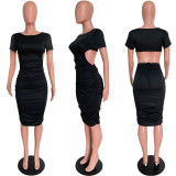 Spring Summer fashionable solid color round neck back hollow midi dress