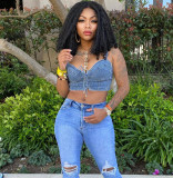 Women's tight fitting V-neck Denim lace-up sexy strap top