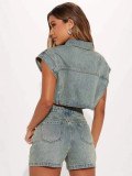 Women's fashion casual elastic denim color matching two-piece shorts set