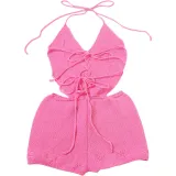 Women Spring Summer knitting Sexy Hollow Solid Halter Neck Lace-Up Backless Cargo Shorts