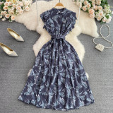 summer stand collar slim waist printed a-line high waist elegant chic long dress