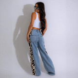 Women's street fashion leopard print patchwork straight denim trousers