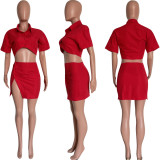 Women's fashion sexy solid color button Crop Shirt split skirt two-piece set