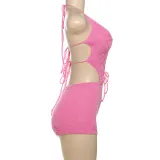 Women Spring Summer knitting Sexy Hollow Solid Halter Neck Lace-Up Backless Cargo Shorts