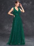 Women sequined bow elegant v-neck ball suspender evening dress（Processing time need 3-6 days）
