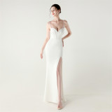 Women Strappy Heart-Shaped Lace Grid Embroidery Beaded Fishbone Formal Party Evening Dress