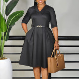 Women Elegant Solid Five-quarter Sleeve African Dress