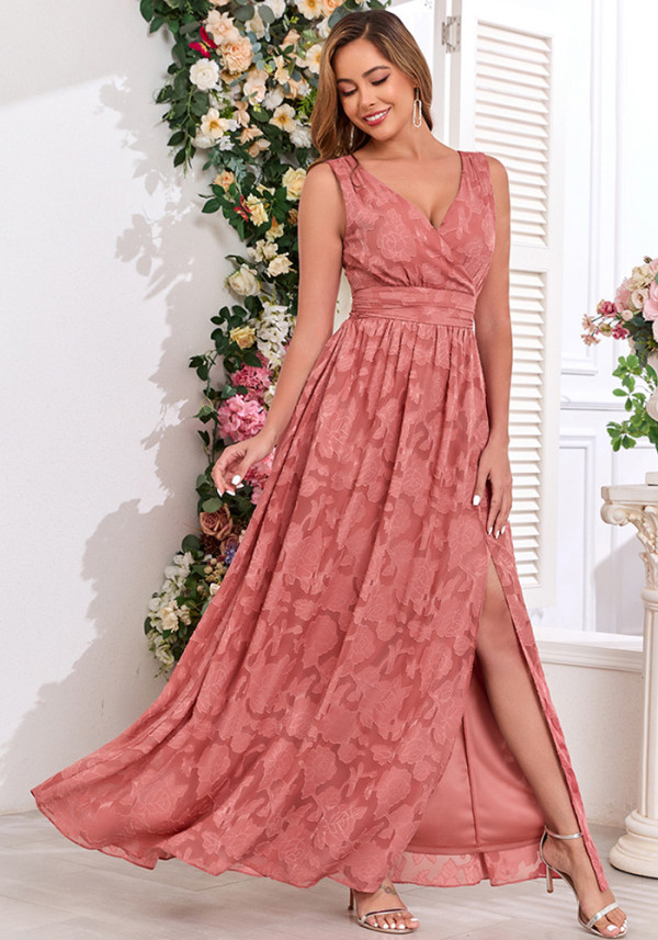 Women Printed Chiffon Party Sleeveless V-Neck Slit Evening Dress（Processing time need 3-6 days）