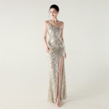 Women One Shoulder Beaded Sequin Embroidery Formal Party Prom Wedding Evening Dress