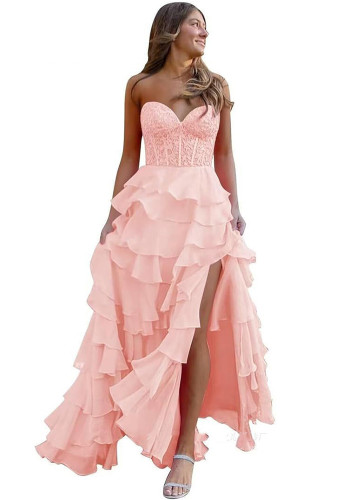 Women suspender Strapless Spring Summer sexy slit party ball Cascading Ruffles Evening Dress（Processing time need 3-6 days）