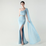 Women One Shoulder Slant Back Patchwork Mesh Formal Party Evening Dress