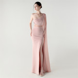 Women One Shoulder Slant Back Patchwork Mesh Formal Party Evening Dress