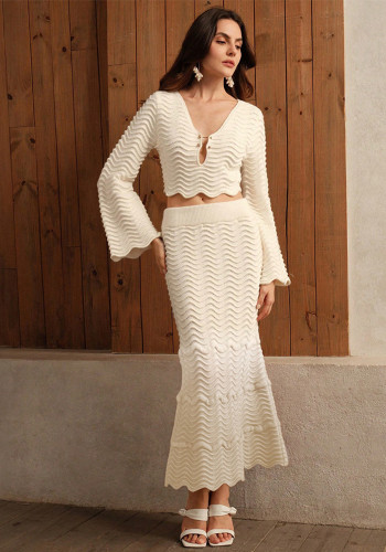 Women Solid Sexy Crop Knitting Top and Skirt Casual Holidays Two-piece Set