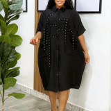 Women Short Sleeve Turndown Collar Shirt Dress