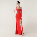 Women Fishbone Lace Sequin Formal Dinner Wedding Fishtail Evening Dress