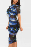 Women Printed Mesh Dress + Vest + Shorts Three-Piece
