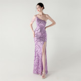 Women One Shoulder Beaded Sequin Embroidery Formal Party Prom Wedding Evening Dress