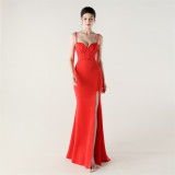Women Strappy Heart-Shaped Lace Grid Embroidery Beaded Fishbone Formal Party Evening Dress
