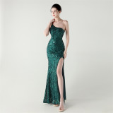 Women One Shoulder Beaded Geometric Sequin Formal Party Prom Wedding Evening Dress