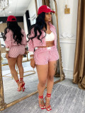 Women Spring and Summer Career Casual Turndown Collar Striped Long Sleeve Shirt Shorts Two-piece Set