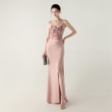 Women Fishbone Lace-Up Sequin Embroidery Formal Formal Party Evening Dress
