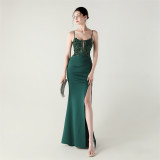 Women Fishbone Lace-Up Sequin Embroidery Formal Formal Party Evening Dress