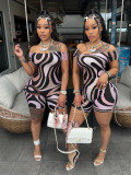 Women Summer Strapless Geometric Print Short Sleeve Jumpsuit