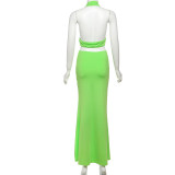Women Spring Summer Sexy Halter Neck Backless Solid Bodycon Slit Dress