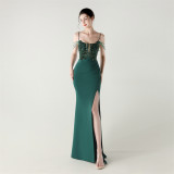 Women Fishbone Lace-Up Formal Formal Party Prom Strappy Sequin Evening Dress