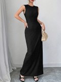 Women Summer Round Neck Solid Ribbed Dress