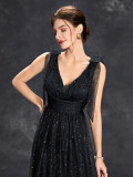 Women sequined bow elegant v-neck ball suspender evening dress（Processing time need 3-6 days）