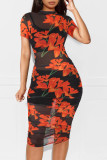 Women Printed Mesh Dress + Vest + Shorts Three-Piece