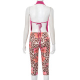 Women Solid Halter Neck Backless Top and Leopard Print Shorts Two-piece Set