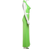 Women Spring Summer Sexy Halter Neck Backless Solid Bodycon Slit Dress