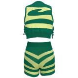 Women Sleeveless Tank Top Lace-Up Printed Casual Top and Shorts Two-Piece Set