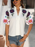 Women spring and summer v-neck high collar embroidered Solid T-shirt Top