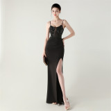 Women Fishbone Lace-Up Sequin Embroidery Formal Formal Party Evening Dress