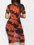 Women Printed Mesh Dress + Vest + Shorts Three-Piece