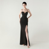 Women Strappy Heart-Shaped Lace Grid Embroidery Beaded Fishbone Formal Party Evening Dress