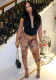 Women Solid Halter Neck Backless Top and Leopard Print Shorts Two-piece Set