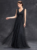 Women sequined bow elegant v-neck ball suspender evening dress（Processing time need 3-6 days）