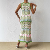 Women Round Neck Knitting Contrast Bodycon Sexy Beach Holidays Sleeveless Maxi Dress