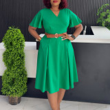 Women Summer V-neck Bell Bottom Sleeve Casual African Dress