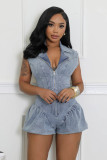 Women Casual Sexy Zipper Stretch Denim Bubble Jumpsuit