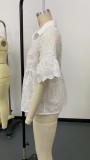 Women spring and summer Half-Sleeve Turndown Collar cardigan lace hollow T-shirt