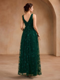 Women High Mesh Embroidered V-Neck Slit Evening Dress（Processing time need 3-6 days）