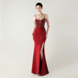 Women Fishbone Lace-Up Formal Formal Party Prom Strappy Sequin Evening Dress