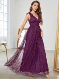 Women sequined bow elegant v-neck ball suspender evening dress（Processing time need 3-6 days）